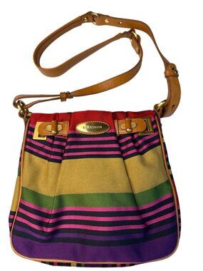 Brahmin Multicolor Stripe Canvas/Leather Crossbody Shoulder Bag W/Adjust. Strap